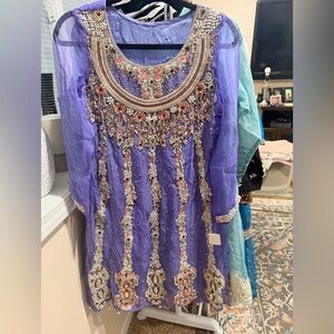 Pakistani Indian Desi Outfit pablum shirt w heavy silver hand work/banarsi pants